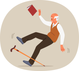 Accident involving elderly man who falls and slips on wet floor, risks injury or damage to spine. Accident with grandfather injuring book and cane when falling due to sharp pain in legs
