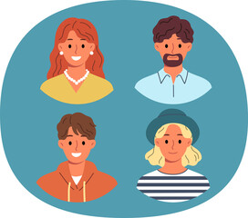 Family of mom and dad and teenage children smiling at screen, for avatars or profile photos in web design. People of different ages from one family are dressed in casual clothes or feel good mood