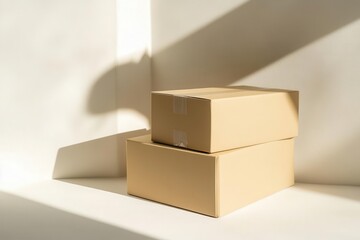 minimalist product photography of ecofriendly shipping boxes clean lines and shadows on pure white background professional studio lighting emphasizing texture