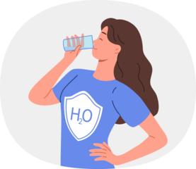 Woman drinks water from glass, dressed in t-shirt with h2o logo, uses aqua therapy to cleanse of toxins. Girl enjoys taste of purified mineral water obtained in environmentally friendly place