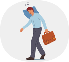 Tired business man sleeps on move, putting head on pillow and closing eyes due to extreme exhaustion. Tired manager needs rest to prevent burnout and exhaustion after difficult day at work.