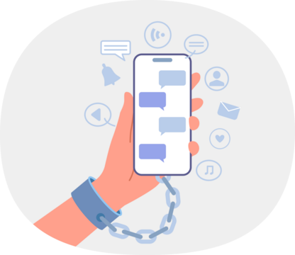 Nomophobia in person, chained to phone due to fear of parting with mobile gadget with social networking applications. Digital addiction and nomophobia in smartphone user addicted to online services
