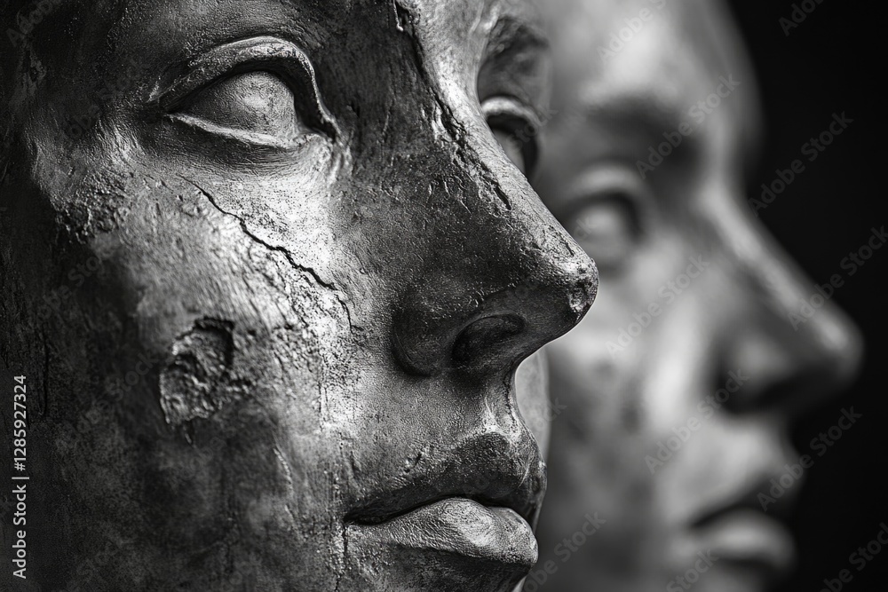 Poster a close-up view of a statue depicting a woman's face with intricate details