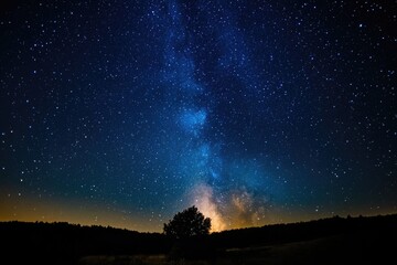 A single tree stands tall in a field, surrounded by stars and a night sky
