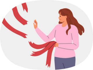 Woman breaking old ties in form of ribbons hanging from above, for concept of ending relationship with toxic friends. Breaking ties to get rid of narratives that negatively affect career growth