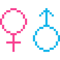 Gender symbol pixel style. 8-bit Male and female symbol icon. Pink female and blue male symbol 