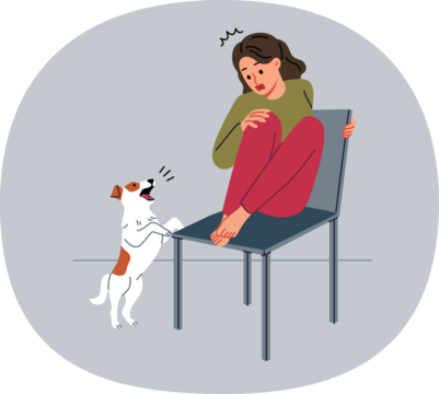Teenage girl is afraid of dog and climbs onto chair to hide from puppy and needs treatment for cynophobia. Kid feels panic attack at sight of pets due to cynophobia or possibility of allergic reaction