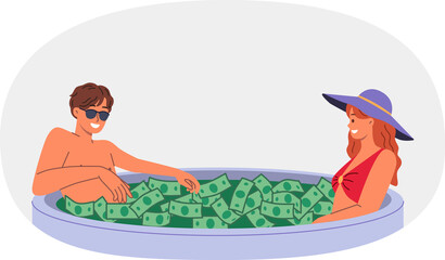 Wealthy couple swims in pool filled with money, enjoying luxury of high investment returns. Wealthy man tries to charm woman by boasting of big profits from business or salary from corporation