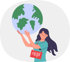 Woman eco activist asks to save planet earth and stop environmental pollution that causes carbon footprint. Girl eco volunteer holds large globe and looks at screen with tears in eyes.