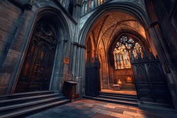 Fototapeta premium A large cathedral with stunning stained glass window, great for architectural or inspirational images