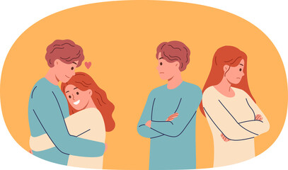 Fototapeta premium Offended couple experiences disagreements after family quarrel and hugs to try on or restore relations. Conflict between man and woman is resolved thanks visit to family psychotherapist