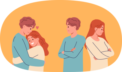 Offended couple experiences disagreements after family quarrel and hugs to try on or restore relations. Conflict between man and woman is resolved thanks visit to family psychotherapist