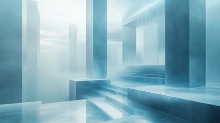 Obraz premium An abstract composition of pillars and steps in a blue haze