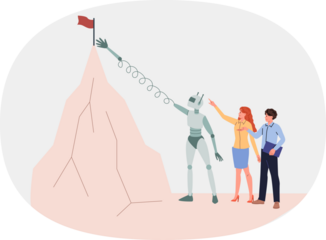 Robot helps business people achieve success and fulfill goals, pulls out flag from high mountain. Robot with ai technology works together with colleagues using innovative methods to optimize work
