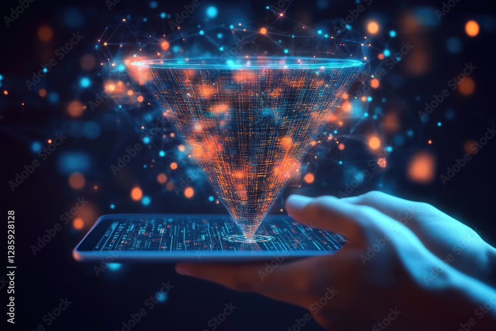 Poster A person's hand holds a smartphone displaying a digital triangle, an abstract representation of technology and innovation