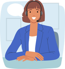 Woman call center operator smiles, sitting at office desk, using headset to consult clients via IP telephony. Girl customer support operator looks at screen, happy to work in hotline