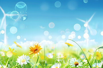 Fototapeta premium Bright and cheerful field of flowers under a clear blue sky with wind turbines in the background