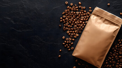 A brown coffee bag mockup on a black background with scattered raw
