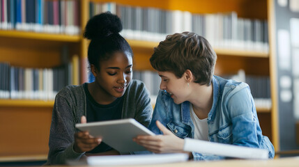 Diverse students collaborating on project in library