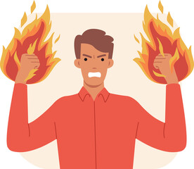 Aggressive man with flames on fists threatens and waves arms during conflict. Aggressive guy feels angry and wants to fight due to lack of agreement or toxic behavior of colleagues