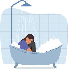 Depressed woman in clothes sits in bathtub with water, experiencing stress and apathy after...