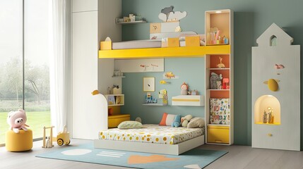 A small and efficient child's room with an extendable bed and wall storage.