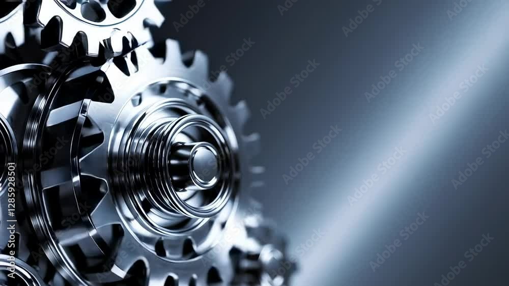 Poster Polished metal gears interlock and rotate smoothly in slow motion, showcasing precision engineering and industrial mechanics against a gradient background
