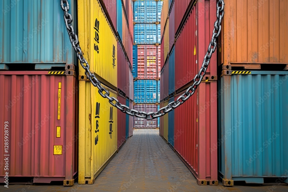 Poster containers stacked on top of each other secured by a chain, possibly for storage or transportation