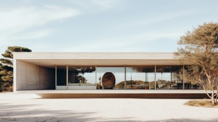 Obraz premium Minimalist concrete residence with panoramic glass windows and serene landscaping