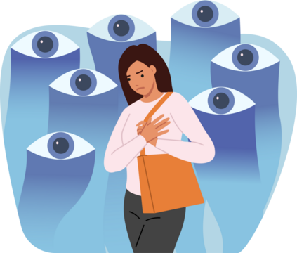 Woman feels surveillance of society, stands near giant eyes that violate personal space. Public control and surveillance causes depression and pressure, which negatively affects psychological state