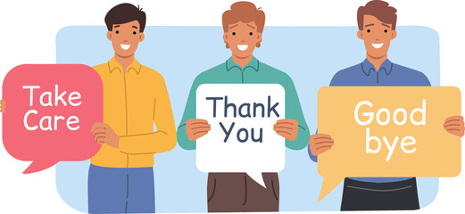 Kind men show gratitude and say goodbye, holding speech bubbles with positive inscriptions. Positive guys with dialogue clouds with good-natured comments and thanks for cooperation for cooperation