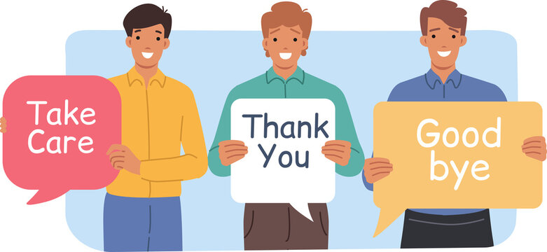 Fototapeta Kind men show gratitude and say goodbye, holding speech bubbles with positive inscriptions. Positive guys with dialogue clouds with good-natured comments and thanks for cooperation for cooperation