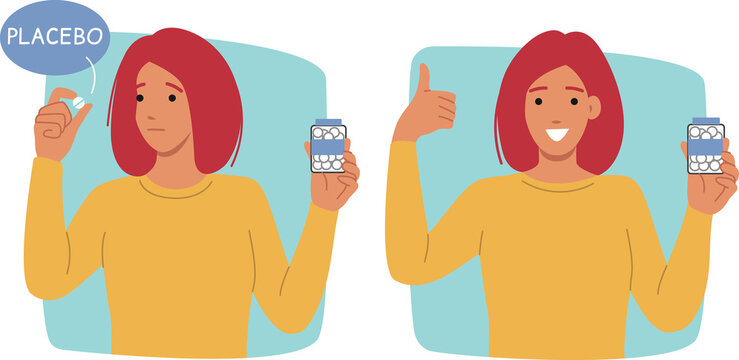 Placebo pills in hands of woman consuming pacifier medicine for psychological improvement and relief from pain. Girl shows thumbs up after consuming placebo and holds jar of medicinal vitamins in hand
