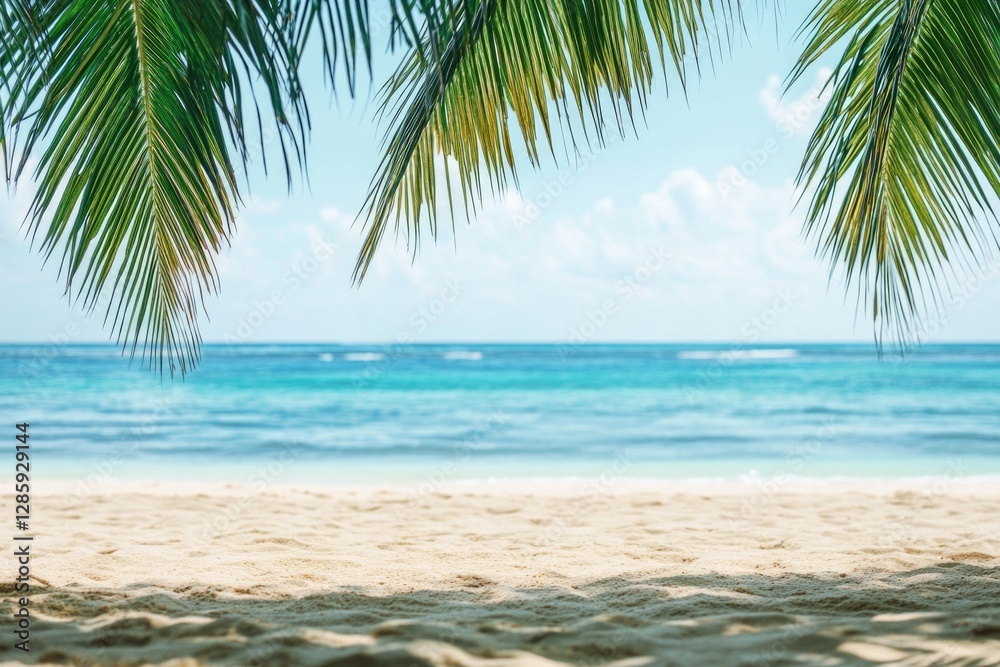 Poster a serene scene beneath a palm tree with a stunning ocean view