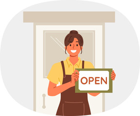 Woman waiter shows inscription open standing near door of restaurant and inviting to become visitor. Hospitable girl waiter or owner of own small business in catering industry, dressed in apron