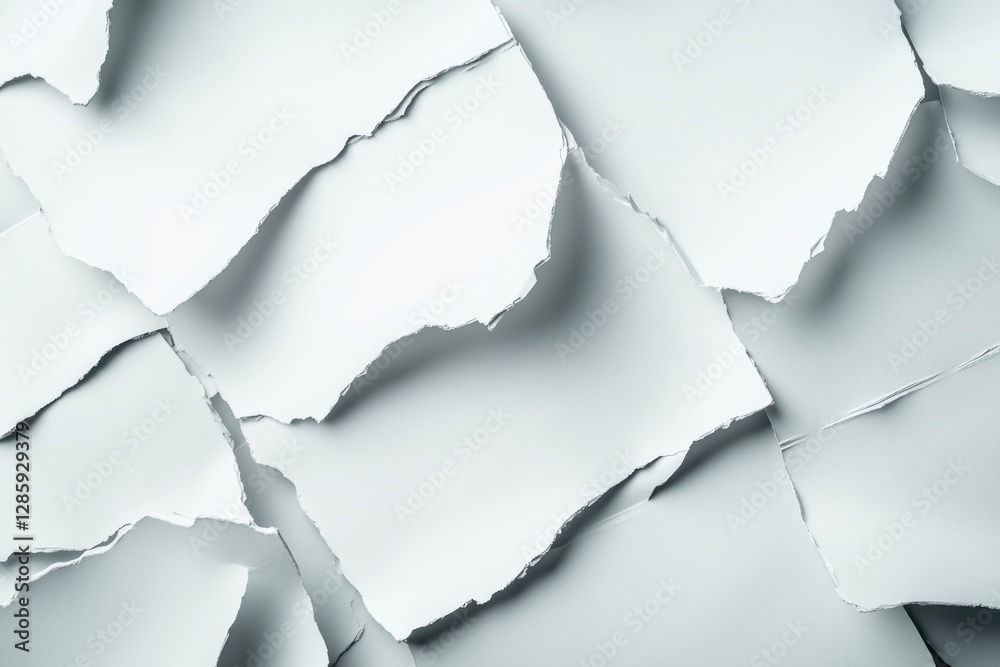 Poster A collection of ripped and torn paper fragments scattered on a table, ideal for representing chaos or disorganization in a scene