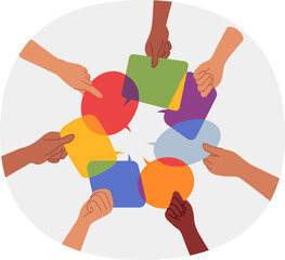 Exchange of opinions and discussion of important issues between people holding dialogue boxes in hands. Conversation bubbles as metaphor for exchange of opinions and collective feedback