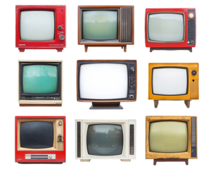 Nine Retro Televisions With Various Colored Bodies and Screens on Transparent Background