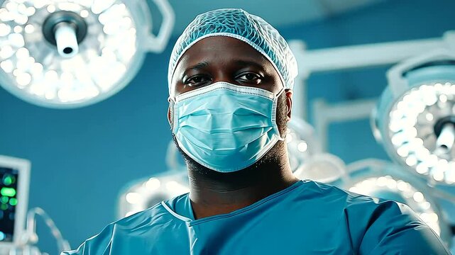 Skilled Black surgeon poised in a state-of-the-art operating theater.