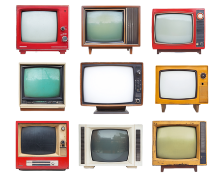 Nine Retro Televisions With Various Colored Bodies and Screens on Transparent Background