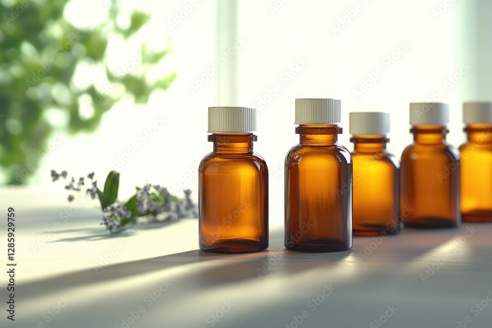 Poster a row of brown glass bottles sits on a wooden table, with a simple and rustic background