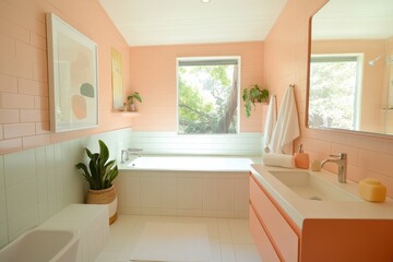 Fototapeta premium Chic Mid-Century Modern Bathroom: A Timeless Editorial Photo Showcasing Retro Design and Elegant Simplicity