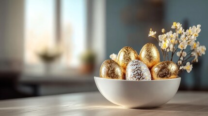 White bowl with gold and white eggs in it sits on a wooden table. The bowl is filled with a variety of eggs, some of which are larger and some smaller