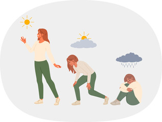 Woman successfully overcomes depression and feels relief after taking antidepressants, located under sun and clouds. Stress or depression in girl is replaced by joy and readiness for new challenges