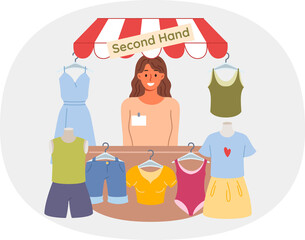 Woman selling second hand shop smiles and looks at screen, urging to buy cheap clothes. Girl owner of second hand or garage sale with already used t-shirts and shorts, with good discount on purchase