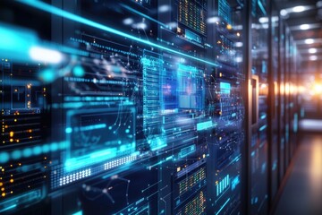 A room filled with many computers for data processing and storage