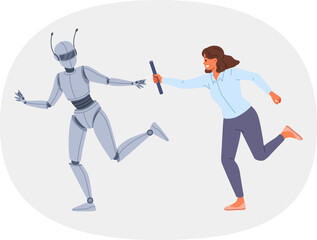 Collaboration human and robot working together towards goal to achieve success in business. Female manager uses robot with artificial intelligence to increase efficiency of own work.