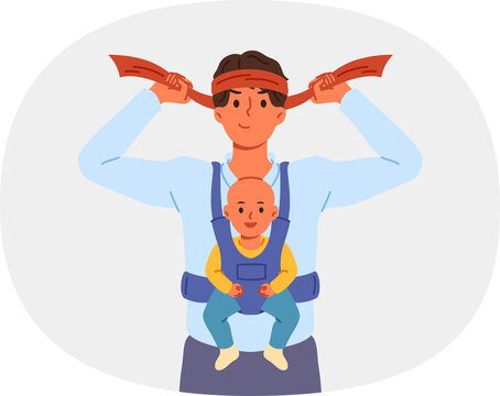 Man super father with baby in arms, tying bandage on head and preparing to raise son on own. Businessman father wants to work and raise child at same time, due to absence of mother and nanny for baby