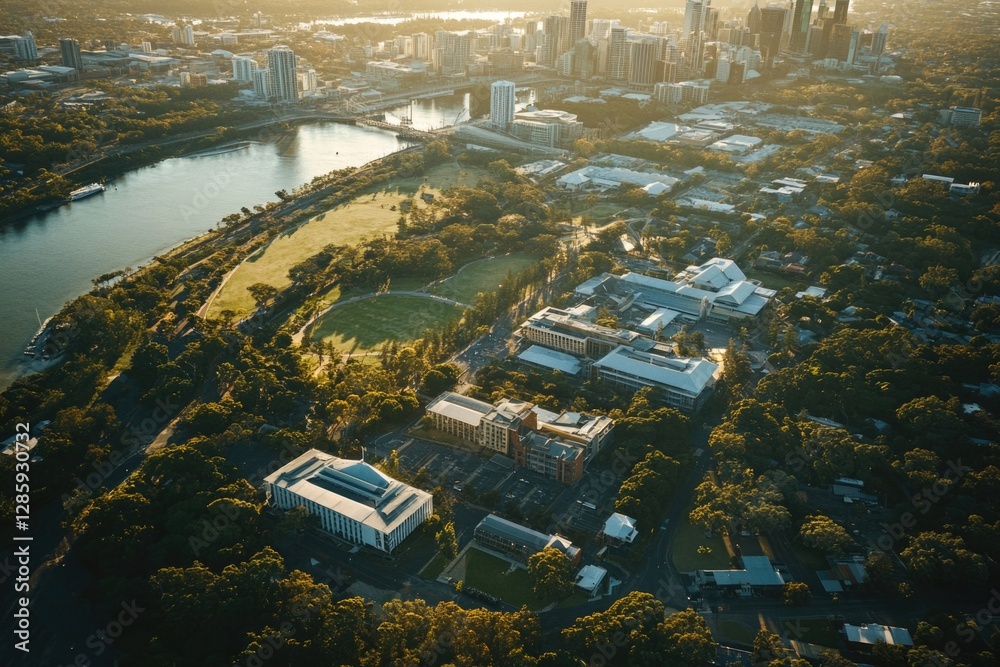 Poster aerial view of a city with a river flowing through it, suitable for maps or urban planning projects