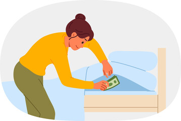 Woman makes stash under mattress, trying to save money from theft and crisis inflation. Girl does not trust banks due to financial illiteracy, using stash in bedroom in own apartment